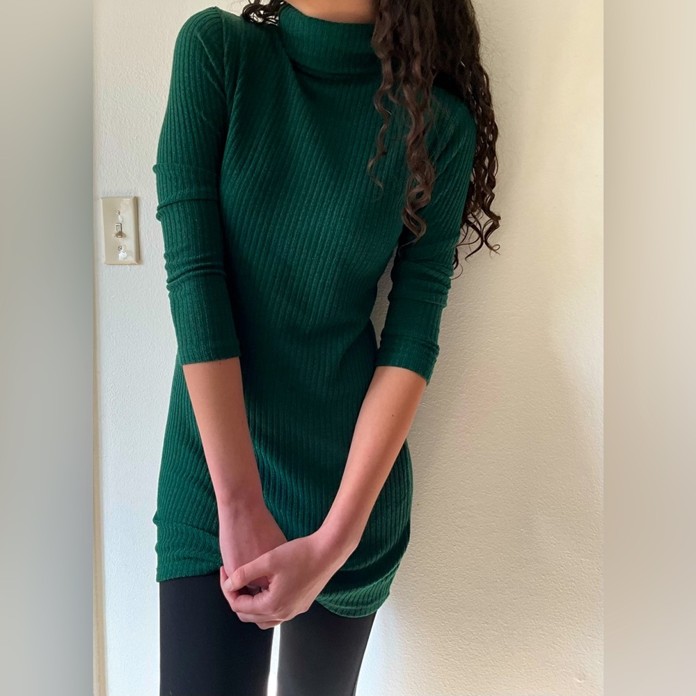 Emerald green ribbed turtleneck sweater dress